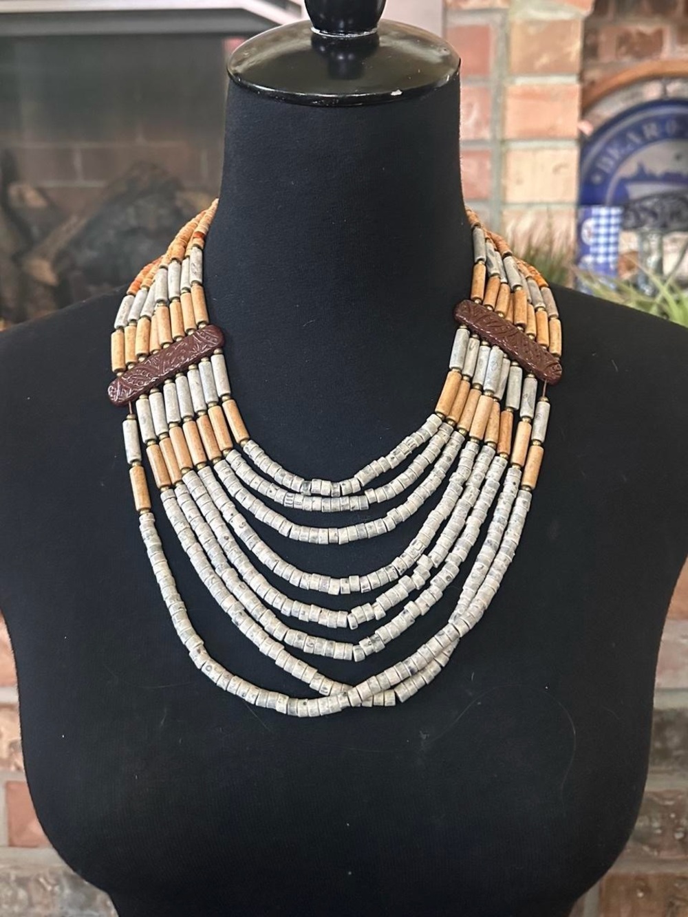 Handcrafted Multi-Strand Grey and Tan Beaded Statement Necklace